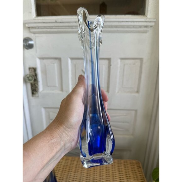 Vintage MCM Pair Clear Art Glass Cobalt Blue Swung Vases 10" - Picture 4 of 8